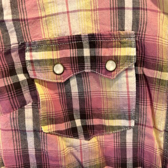 Mossimo Womens Flannel Western Top L Pink Plaid Pearl Snap Long Sleeve Jrs NWT - Picture 2 of 7